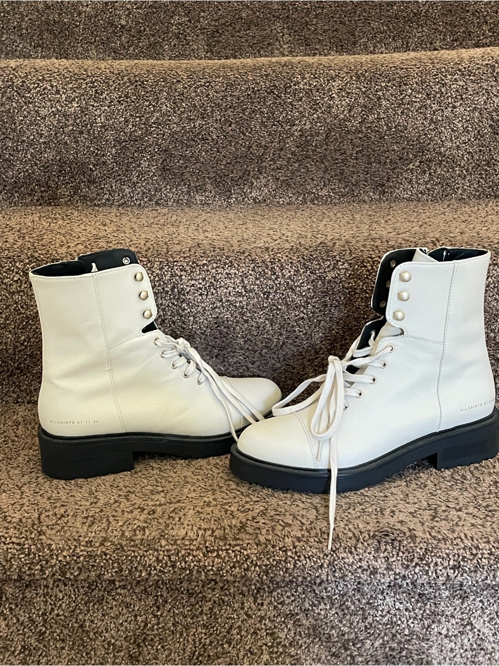 All Saints Cream Lace-Up Combat Boots with Black Sole